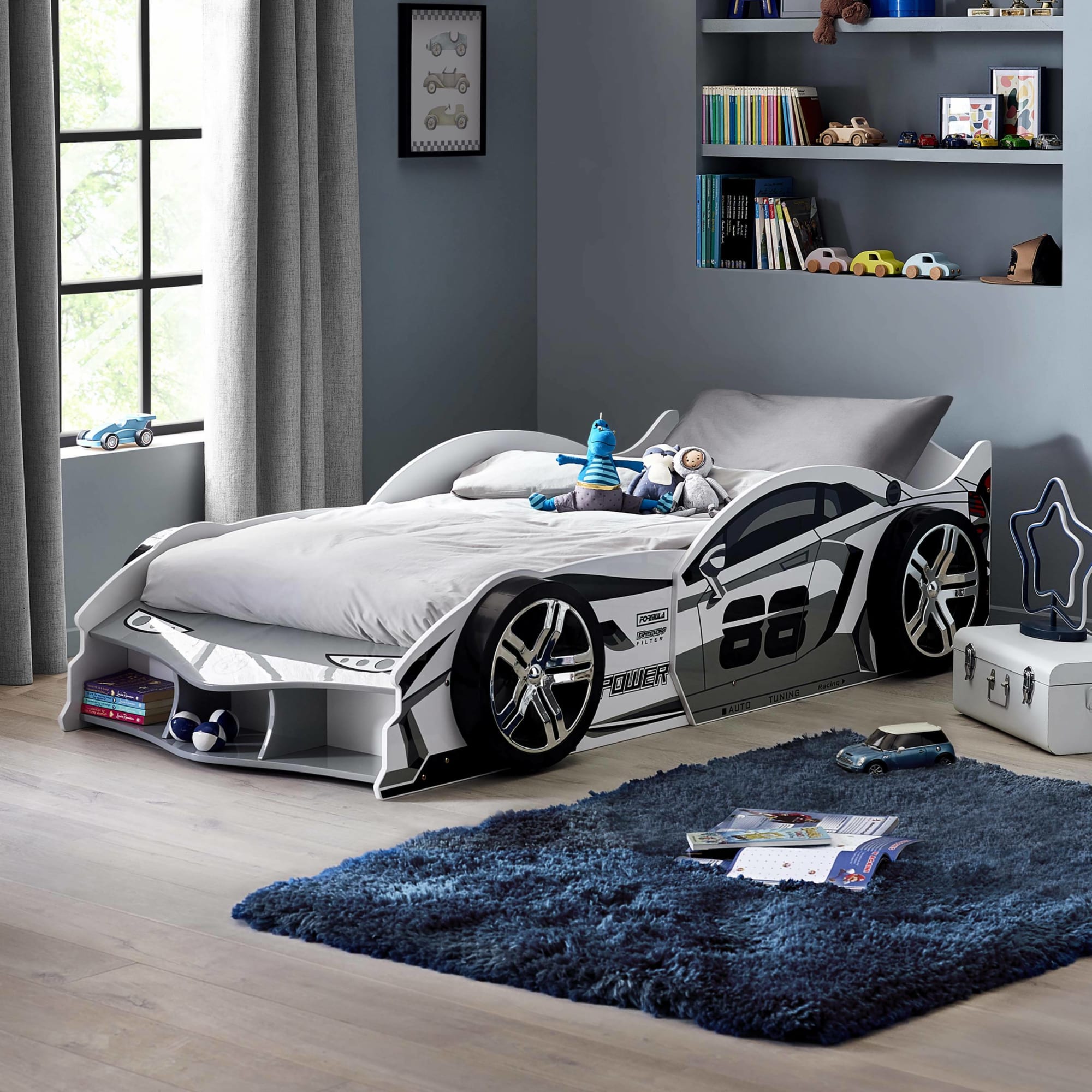 Storm White and Grey High Gloss 90cm Single Race Car Bed