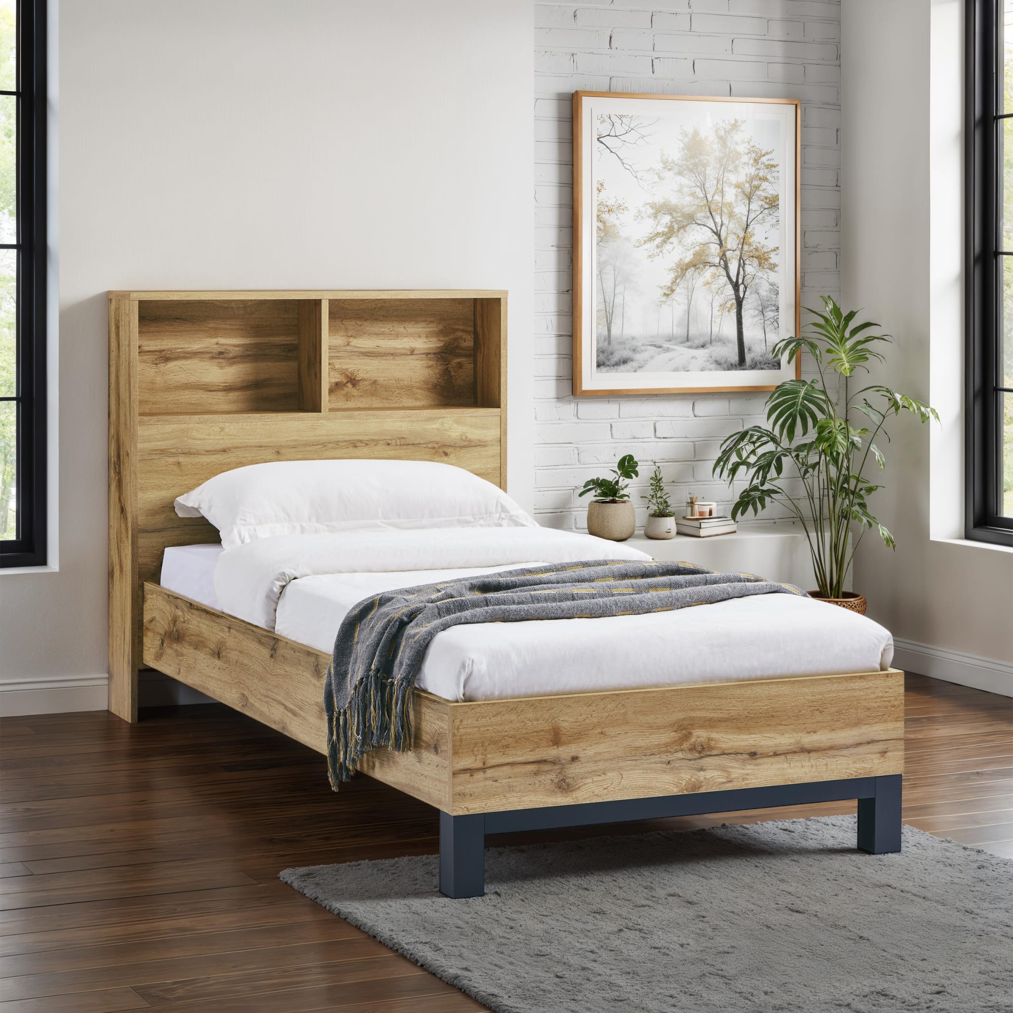 Bali Bookcase Headboard Bed 90cm - Light Oak