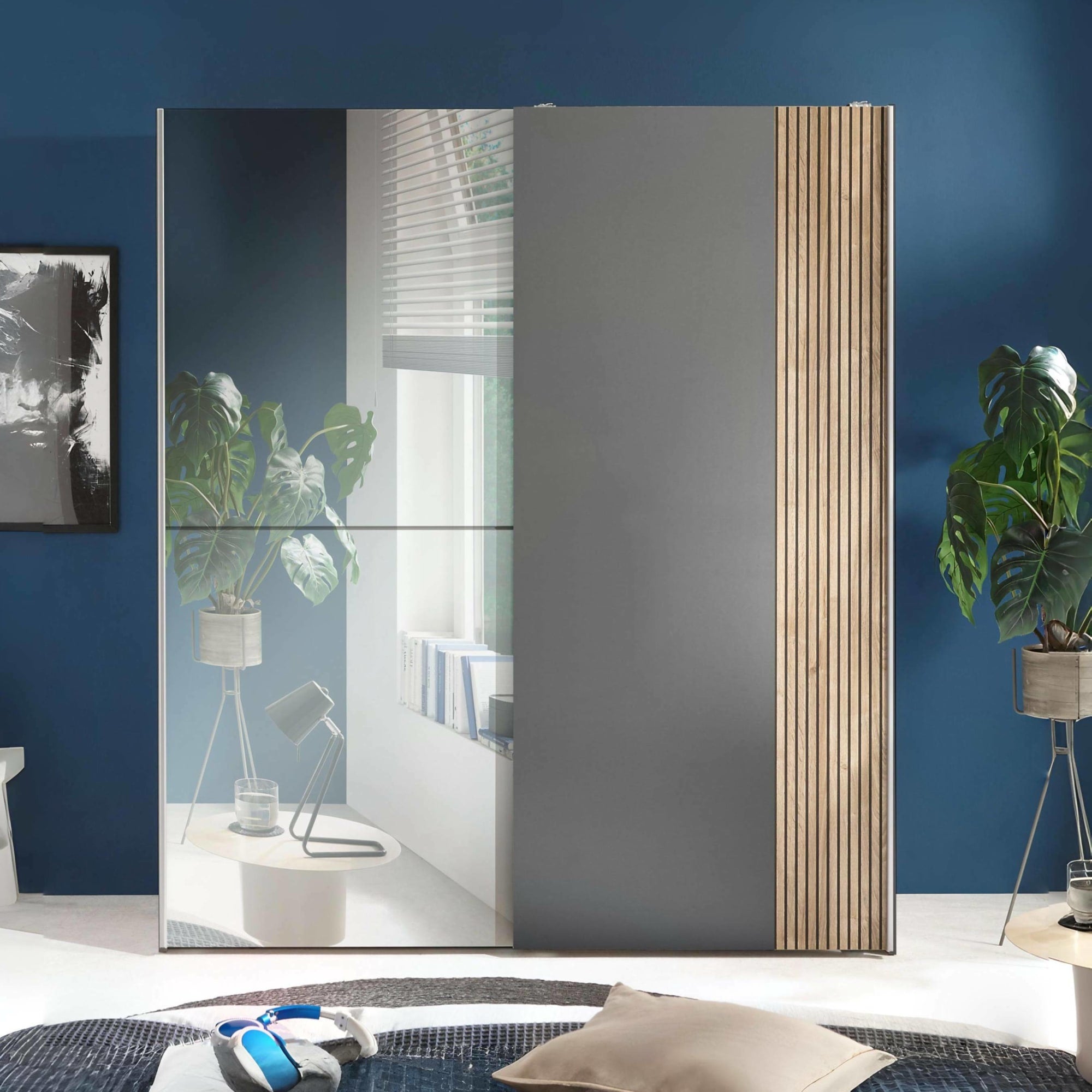 Berno Light Oak and Dark Grey Sliding 2 Door Wardrobe With Mirror