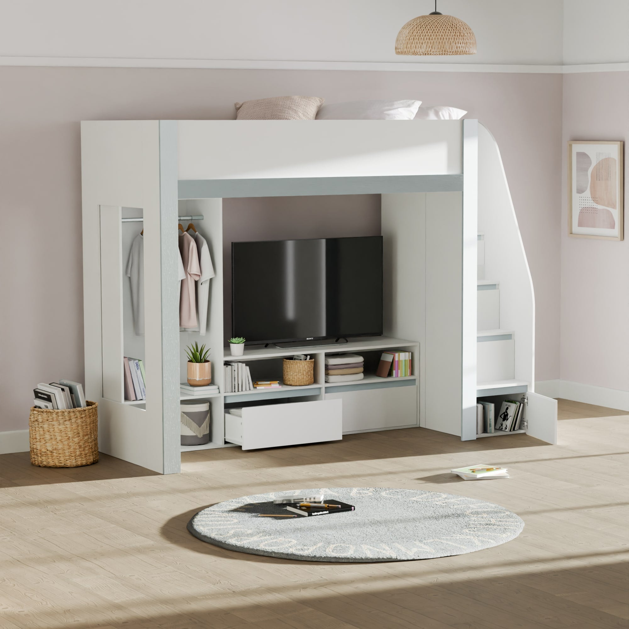 Gaia 90cm Single Highsleeper TV Bed - White and Silver