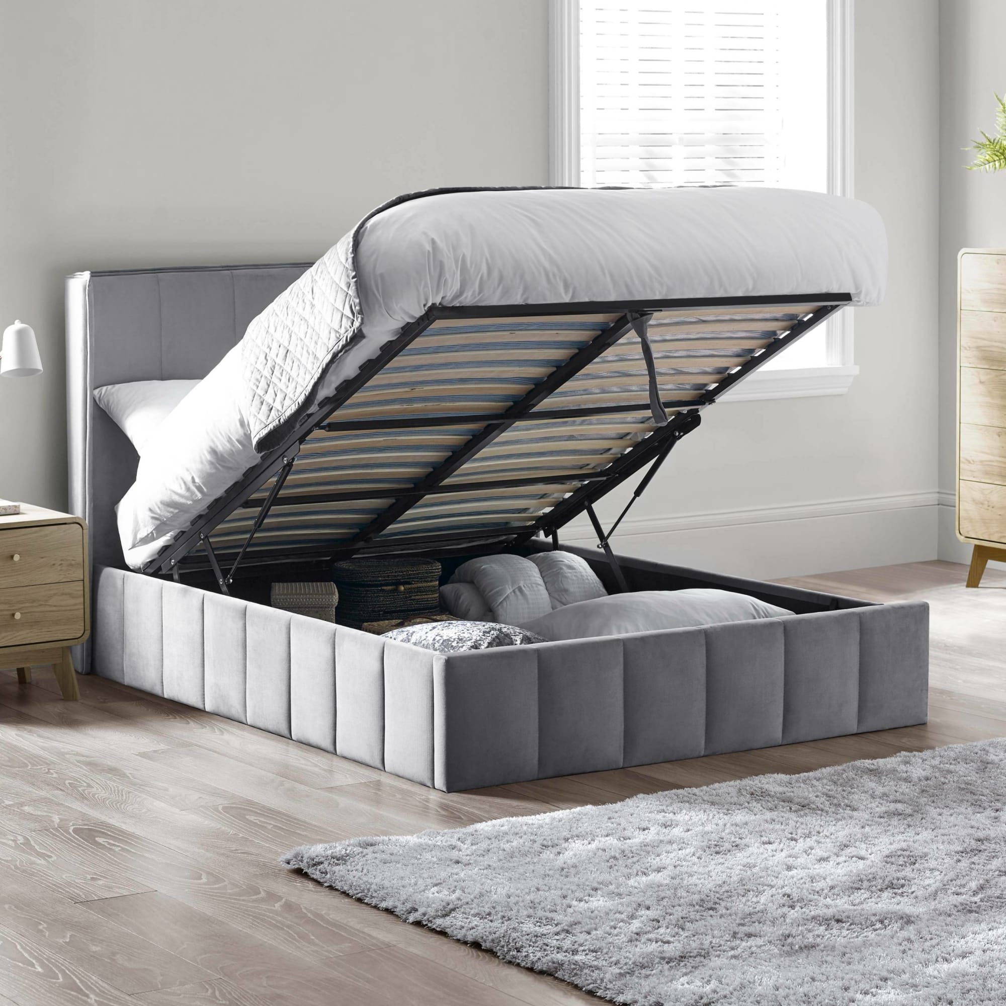 Katie Grey Velvet Upholstered 135cm Double Ottoman Storage Bed