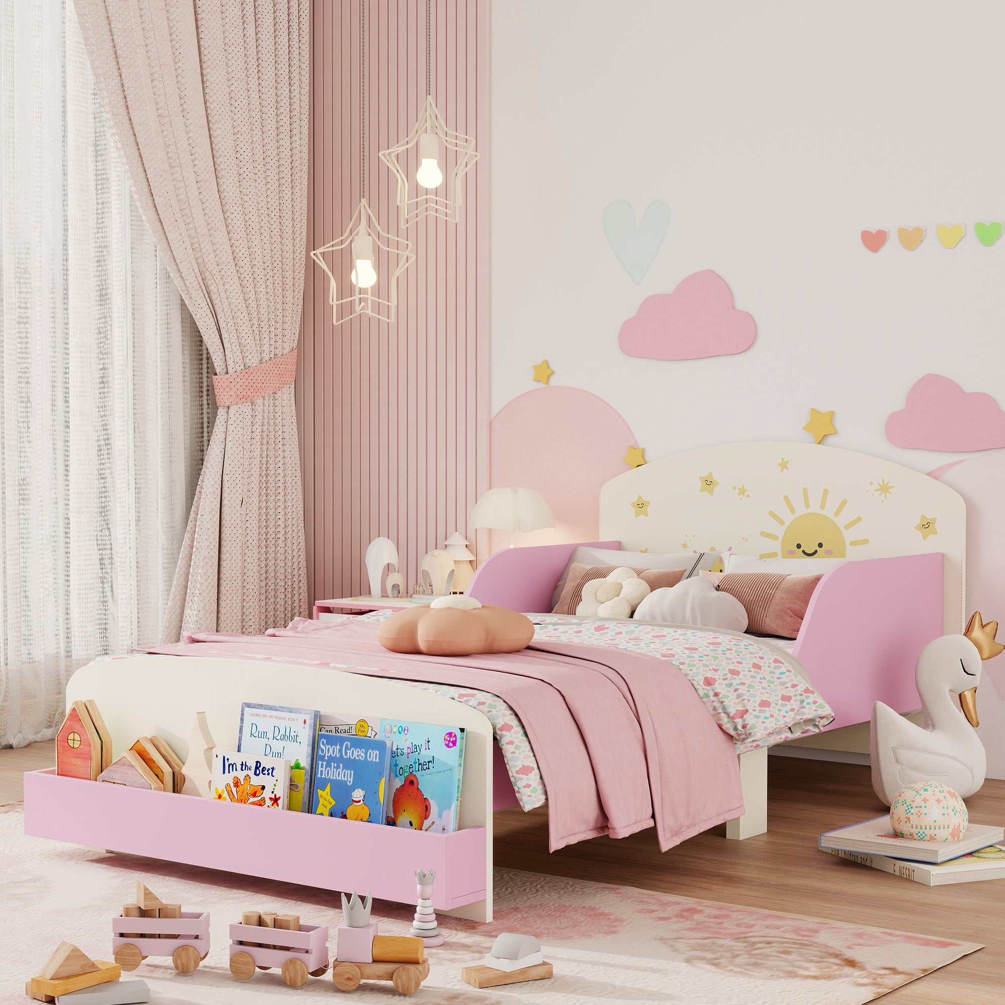 Low Kids Bed Frame with Sun and Stars Headboard