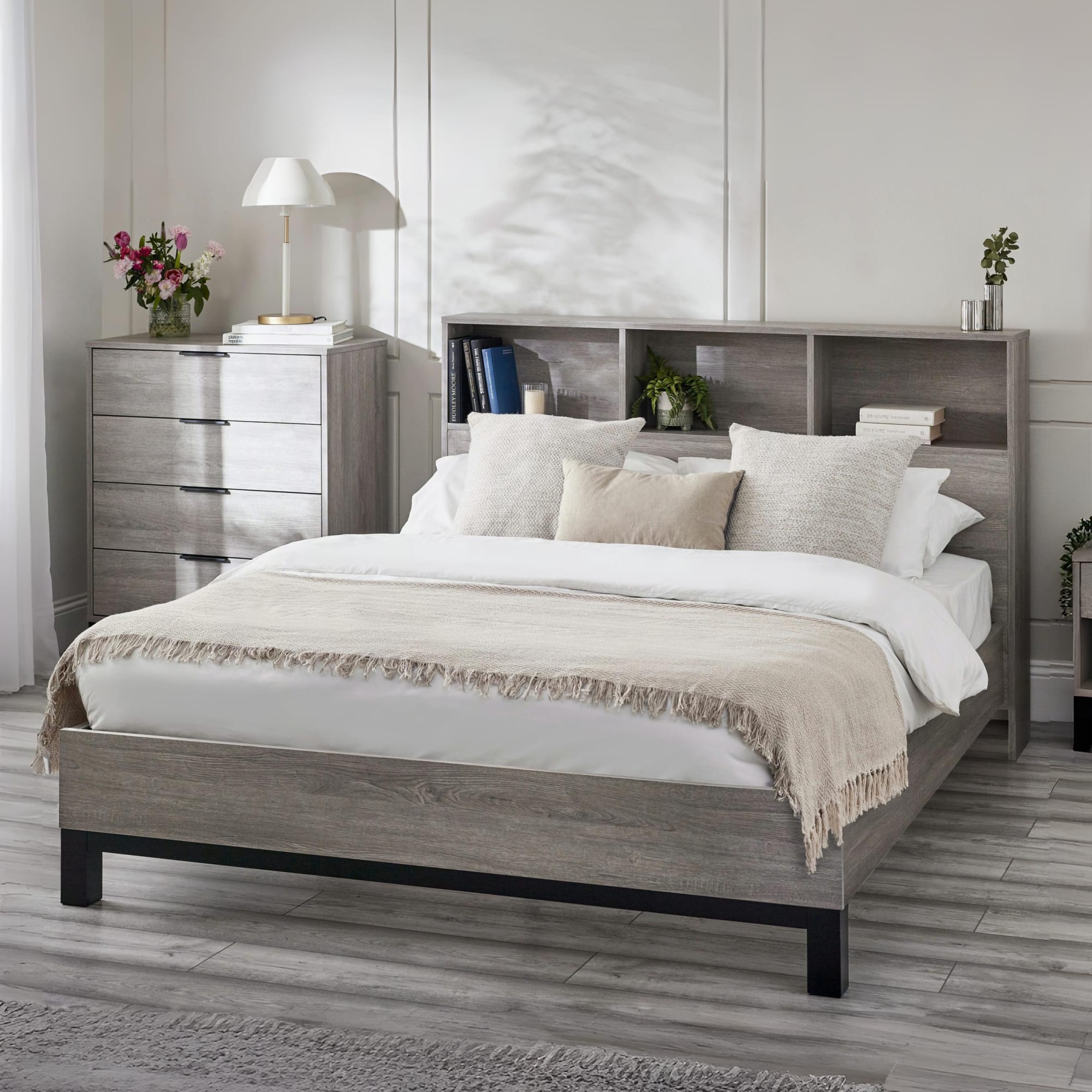 Bali Bookcase Headboard Bed 135cm - Grey Oak