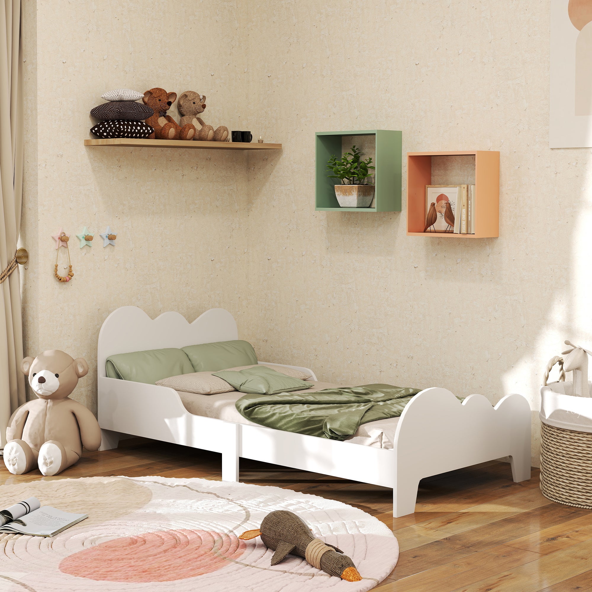 Low Kids Bed Frame with Cloud Headboard (White)