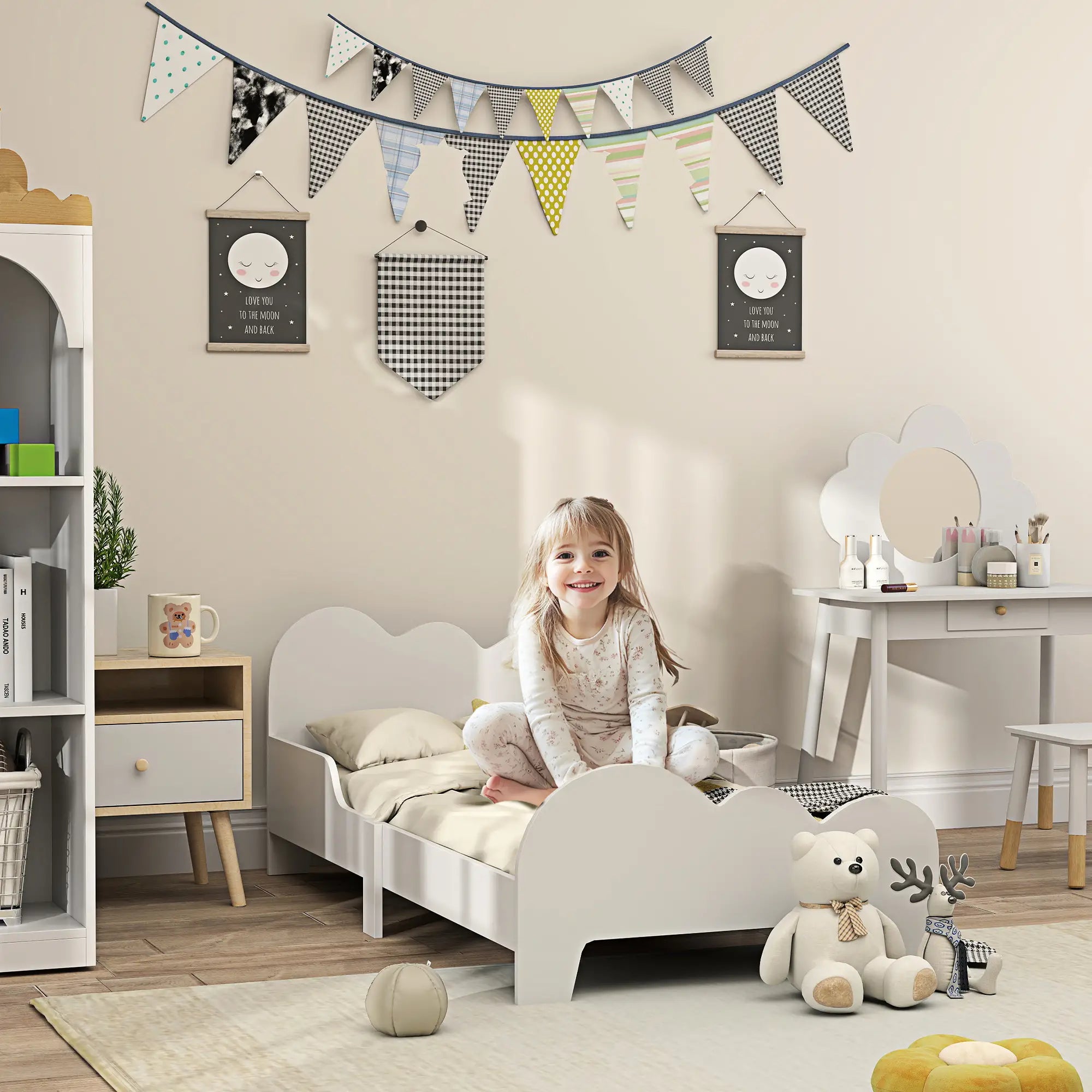 Low Kids Bed Frame with Cloud Headboard (White)