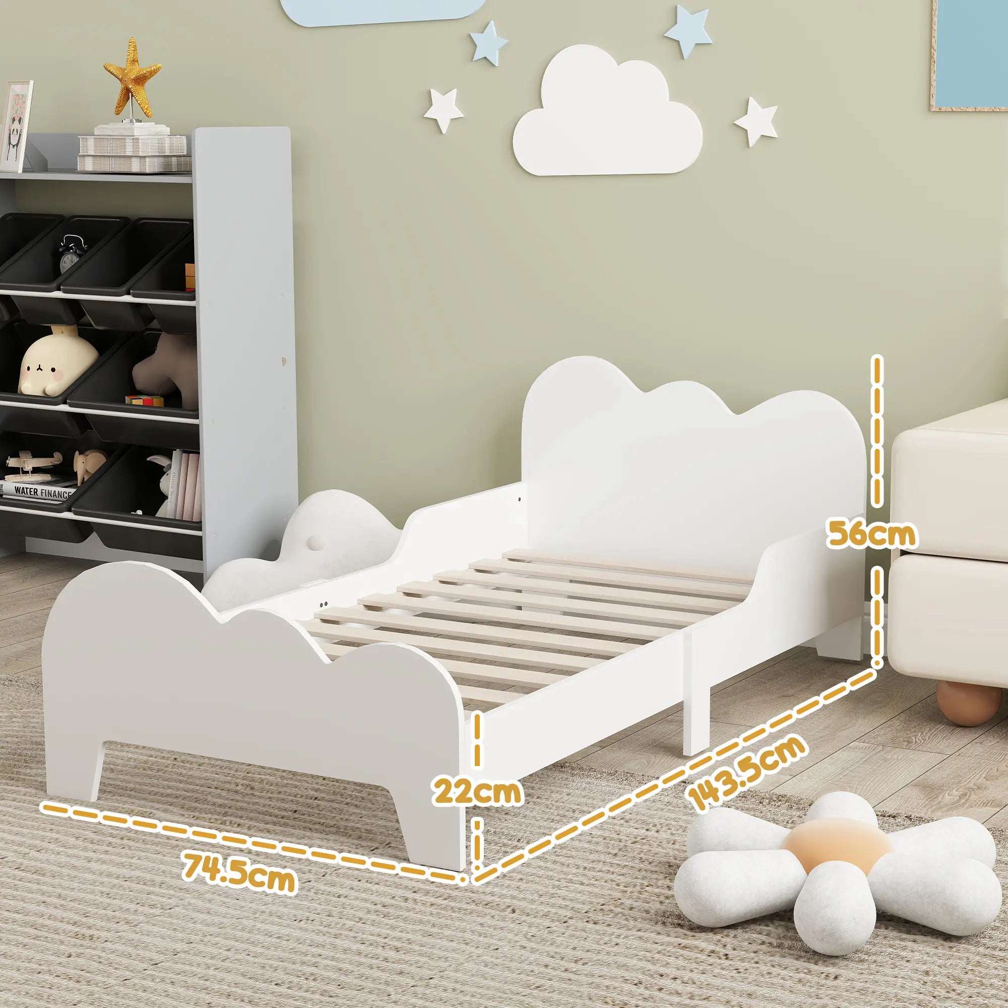Low Kids Bed Frame with Cloud Headboard (White)
