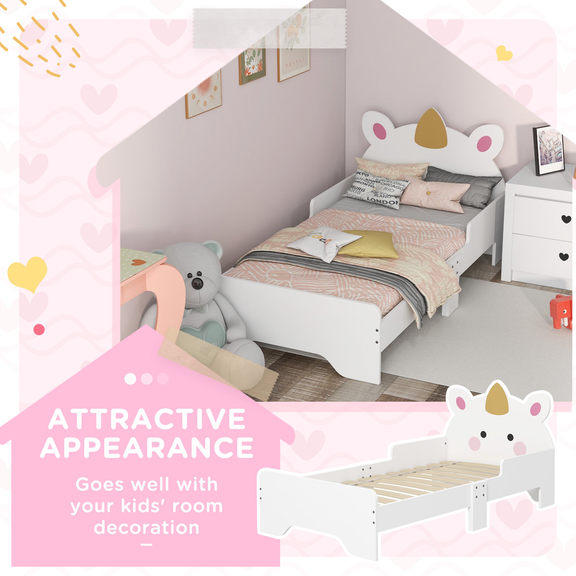 Low Kids Bed Frame with White Unicorn Headboard