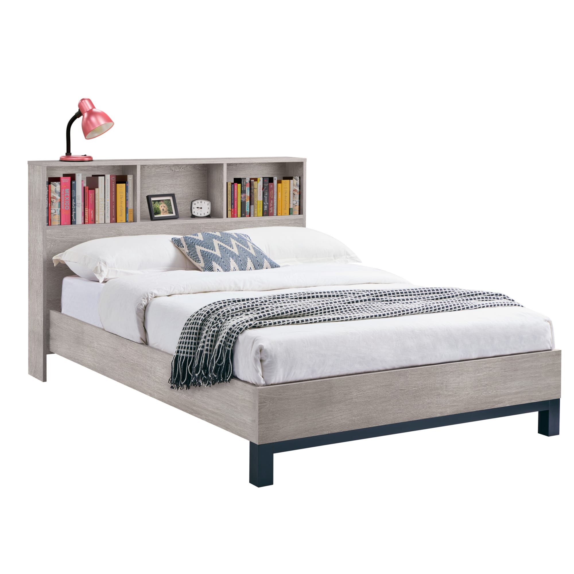 Bali Bookcase Headboard Bed 135cm - Grey Oak