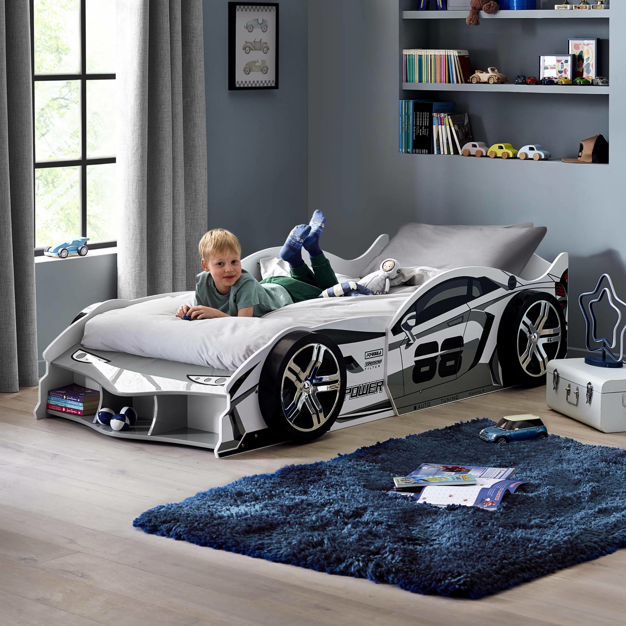 Storm White and Grey High Gloss 90cm Single Race Car Bed