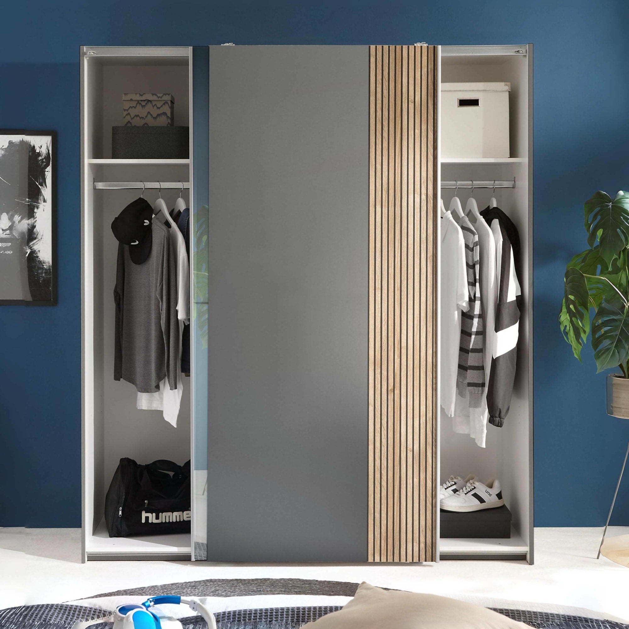 Berno Light Oak and Dark Grey Sliding 2 Door Wardrobe With Mirror