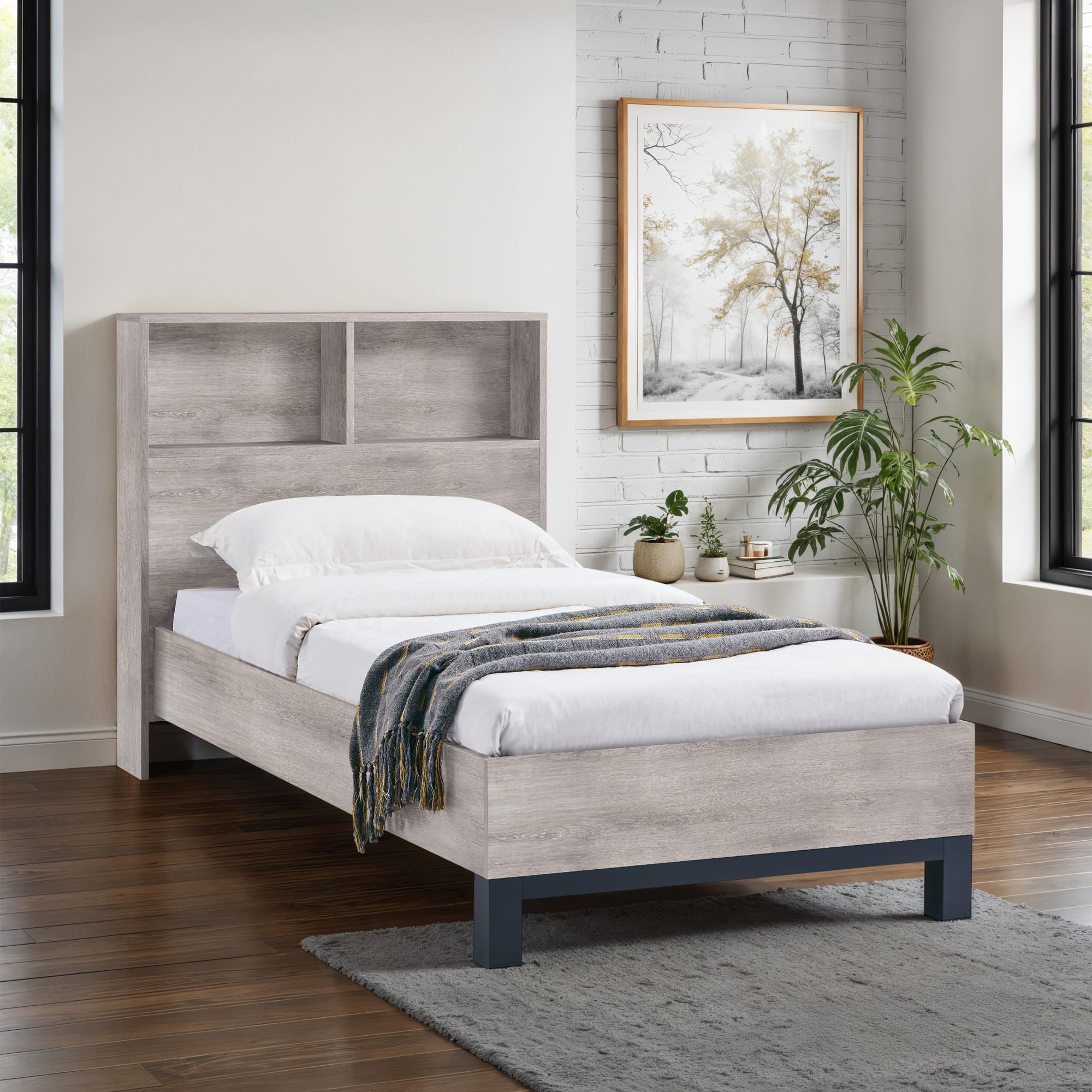 Bali Bookcase Headboard Bed 90cm - Grey Oak