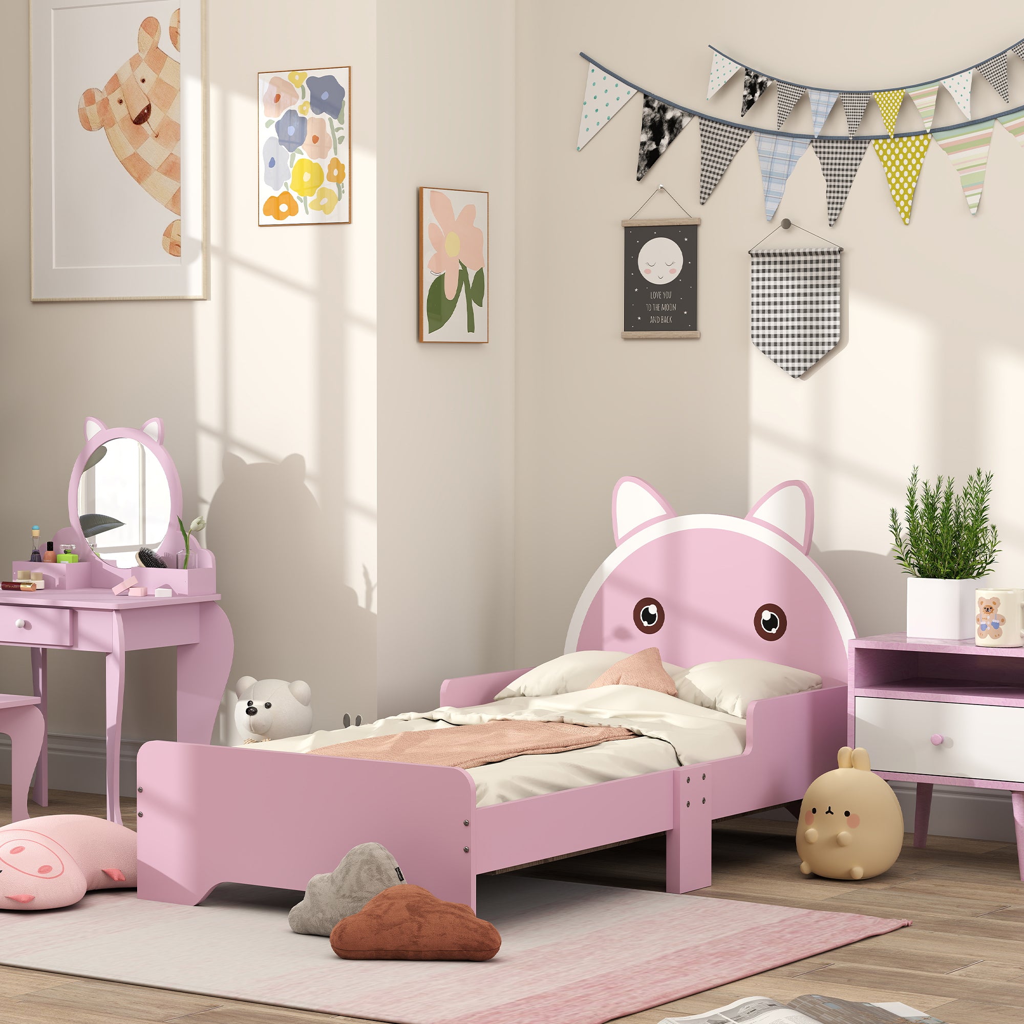 Low Kids Bed Frame with Pink Cat Headboard
